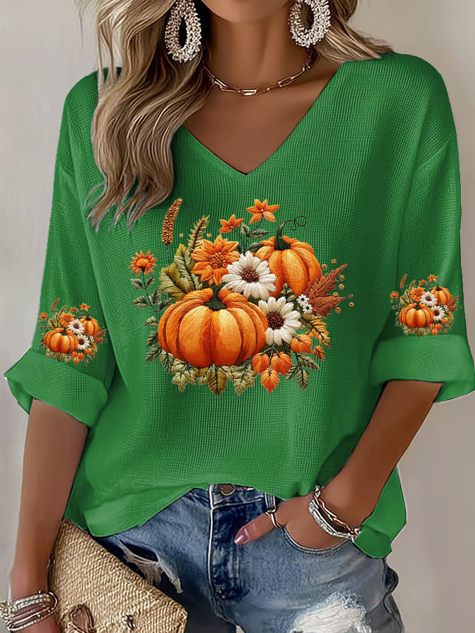 Women's Casual Autumn Pumpkin Waffle Long Sleeve T-shirt