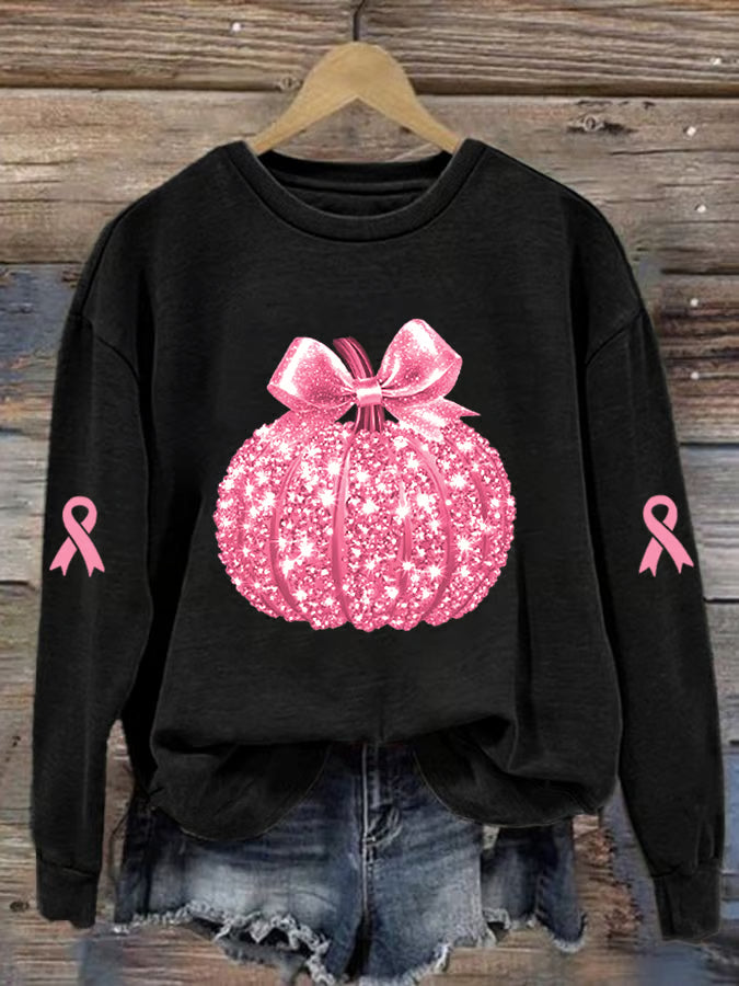 Women's Breast Cancer Sequin Pumpkin Print Crew Neck Sweatshirt