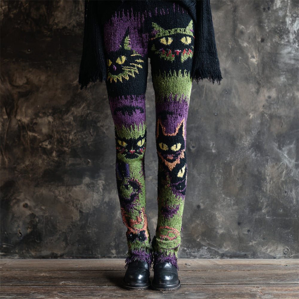 Halloween Spooky Cat Embroidered Women's Knit Leggings
