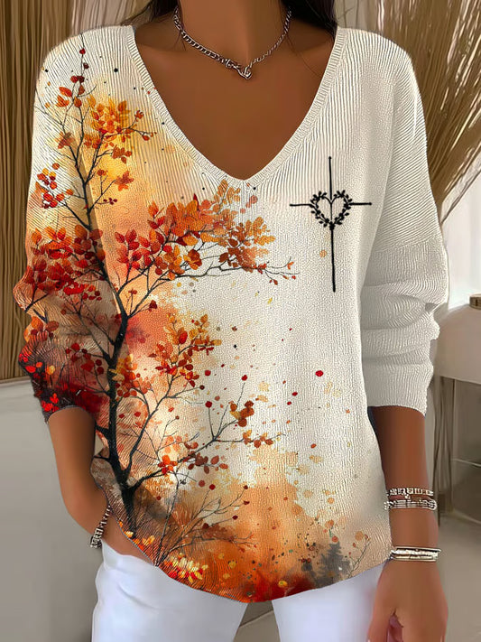 Women's Autumn Leaves and Cross Print Long Sleeve Top
