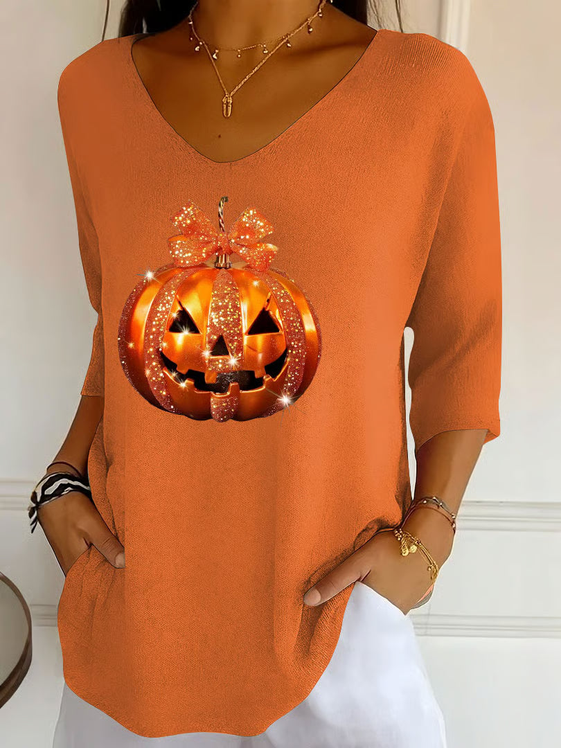 Women's Autumn Halloween Sequined Pumpkin Print V-Neck T-Shirt