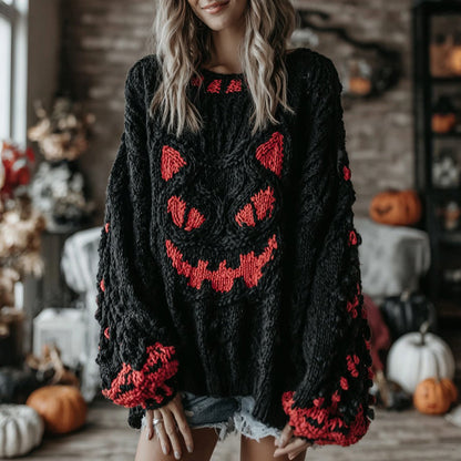 Halloween Black Smiley Face Contrast Knitted Cozy Sweater