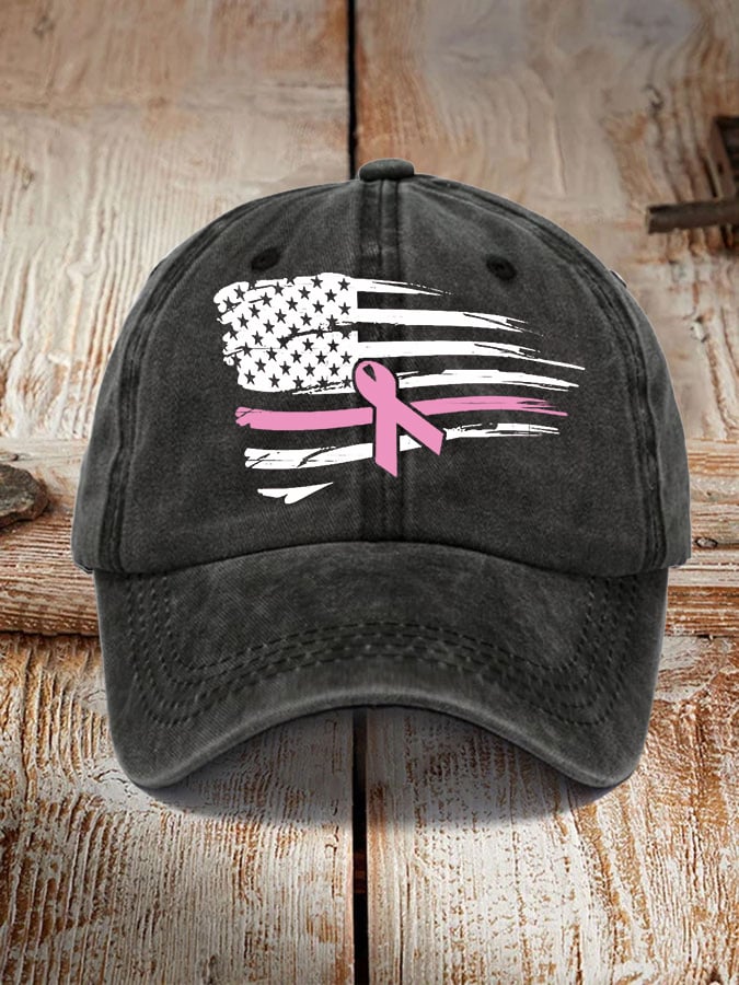 Women's Pink Ribbon American Flag Breast Cancer Awareness Warrior Hat
