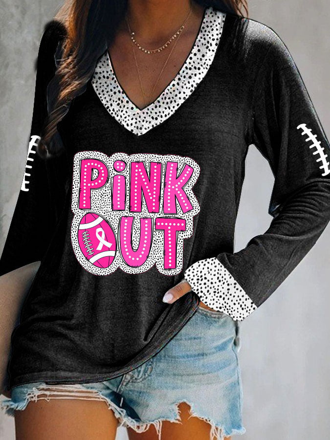 Women's Pink Out Football Breast Cancer Printed V-Neck Long Sleeve Top