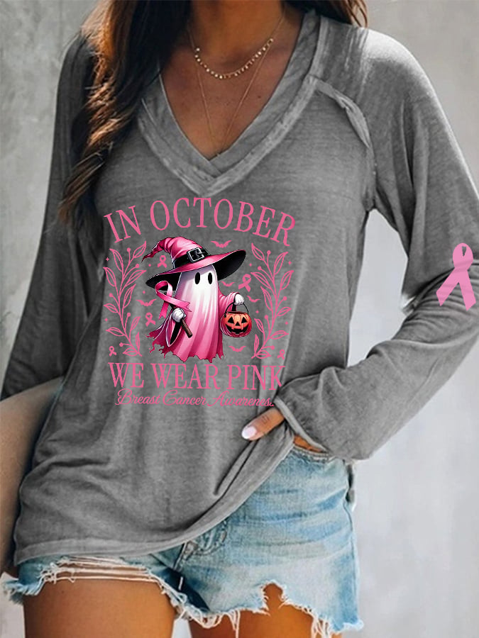 Women's In October We Wear Pink Halloween Ghost Breast Cancer Awareness Warrior Long-Sleeve Top