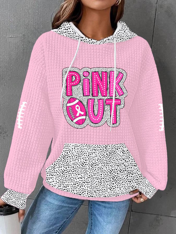 Women's Pink Out Football Breast Cancer Print Waffle Hooded Sweatshirt