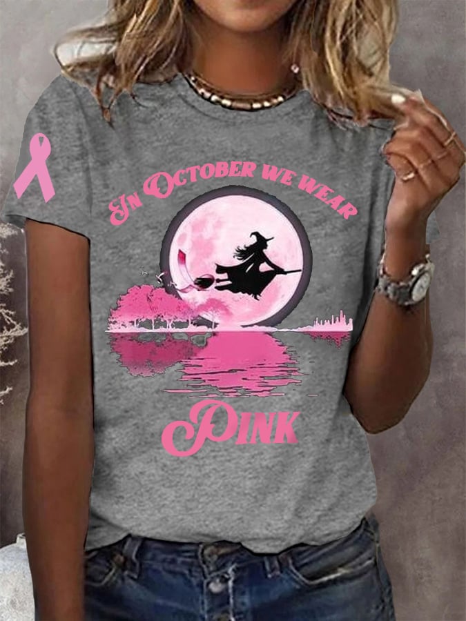 Women's In October We Wear Pink Halloween Witch Breast Cancer Awareness Warrior Tee