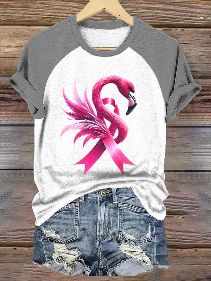 Women's Flamingo Pink Ribbon Breast Cancer Print Raglan Sleeve Crew Neck T-Shirt