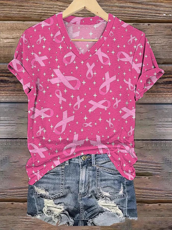Women's Breast Cancer Awareness Pink Ribbon Print V-Neck Tee