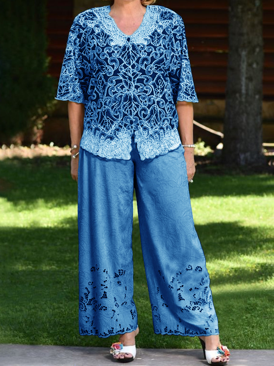 Vintage V Neck Printed Top And Pants Two-Piece Set