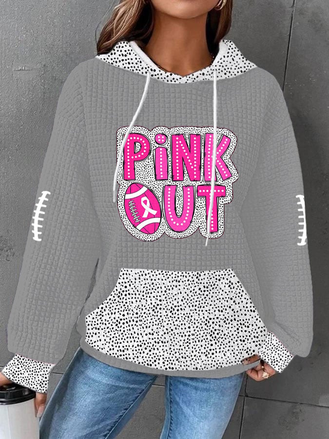 Women's Pink Out Football Breast Cancer Print Waffle Hooded Sweatshirt