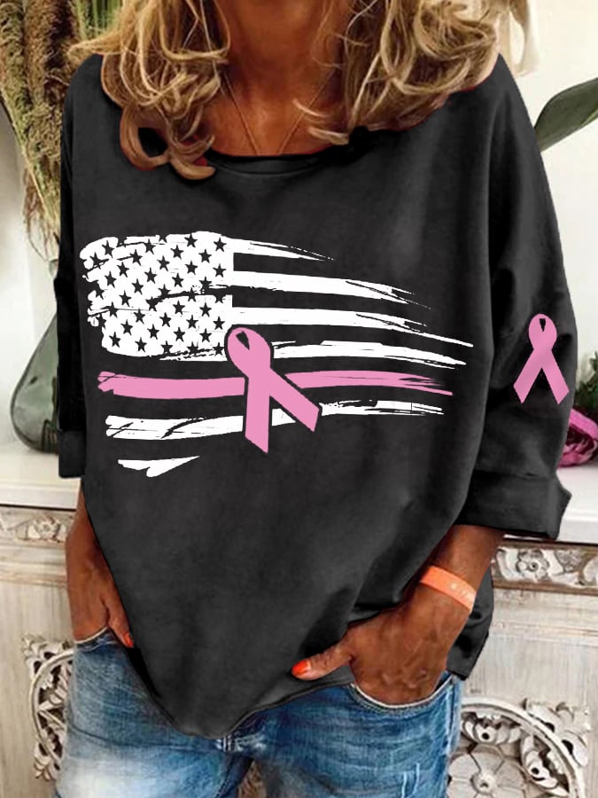 Women's Pink Ribbon Breast Cancer Awareness Warrior American Flag Print Top