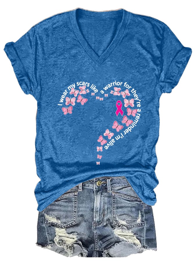 Women'S I Wear My Scars Heart Breast Cancer Awareness Printed Casual T-Shirt