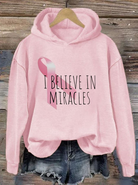 Women's We Believe in Miracles Breast Cancer Awarenes Printed Hoodie