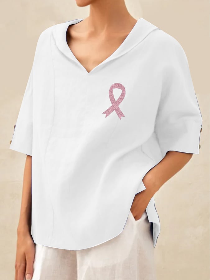 Womens Breast Cancer Awareness Print Linen Shirt
