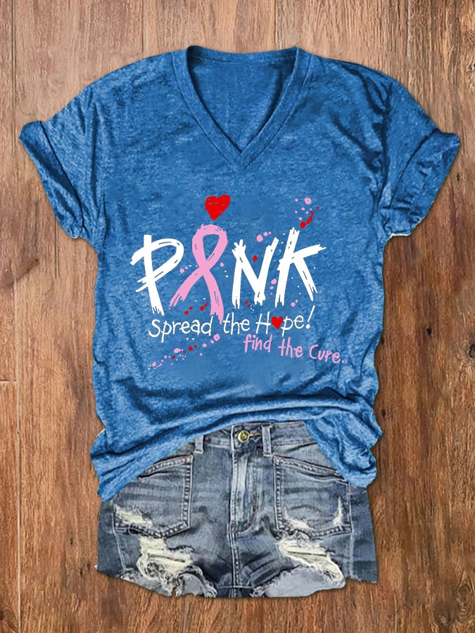 Women's Pink Spread The Hope Find The Cure Print V-Neck T-Shirt