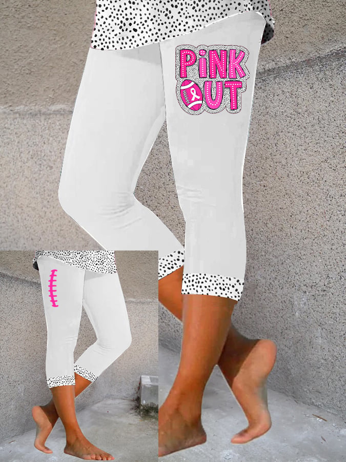 Women's Pink Out Football Breast Cancer Printed Cropped Yoga Leggings