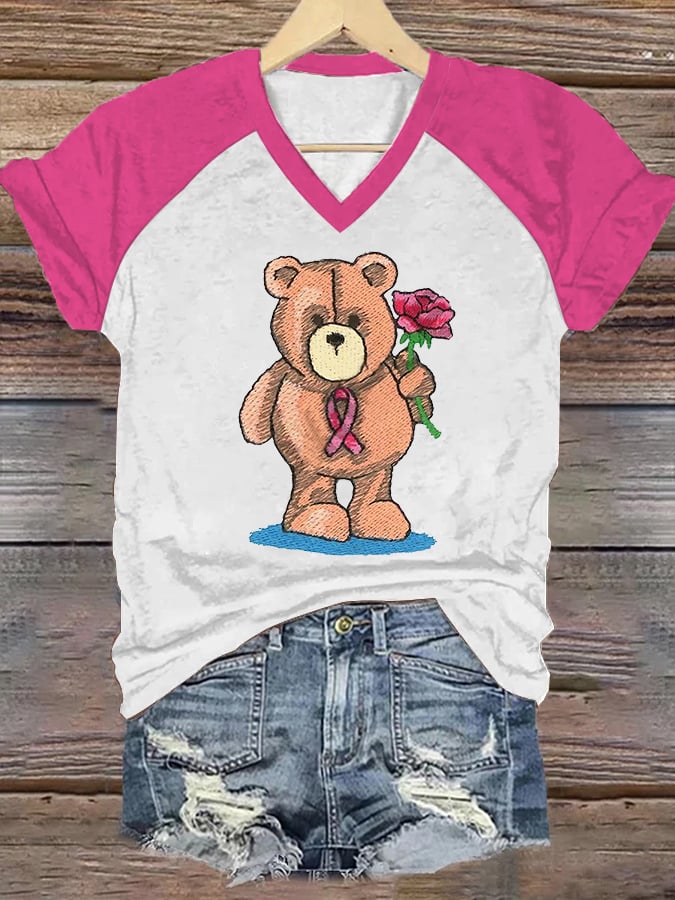 Women's Bear Breast Cancer Awareness Print Casual V-Neck T-Shirt