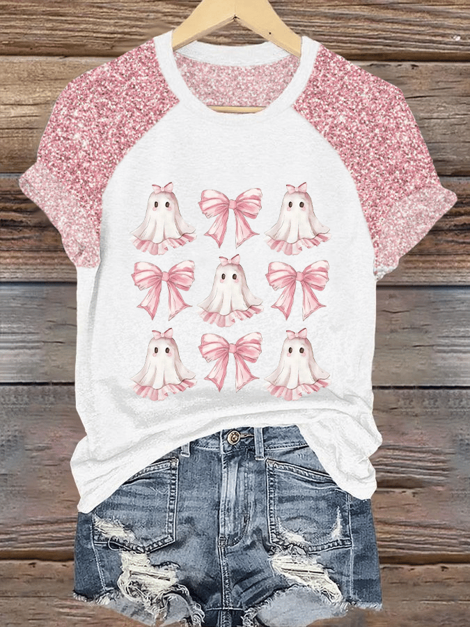 Women's Pink Ribbon Cute Ghost Breast Cancer Awareness Print Round Neck Raglan Short Sleeve T-Shirt
