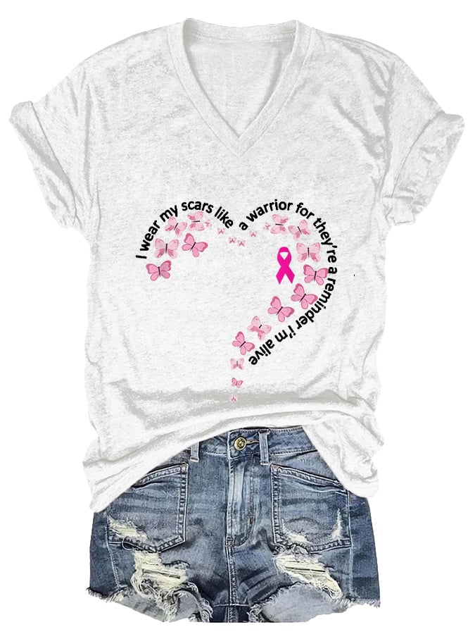 Women'S I Wear My Scars Heart Breast Cancer Awareness Printed Casual T-Shirt