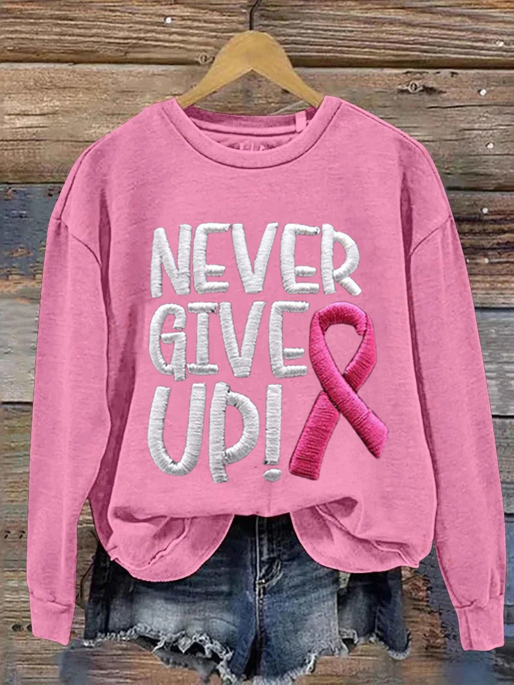 Women's Never Give Up Pink Ribbon Breast Cancer Awareness Print Round Neck Sweatshirt
