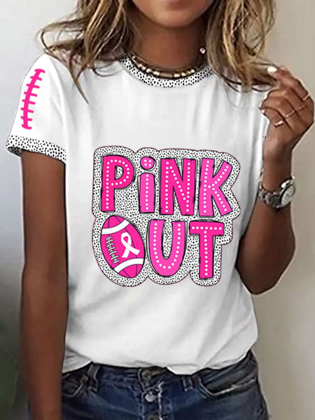 Women's Pink Out Football Breast Cancer Print T-Shirt