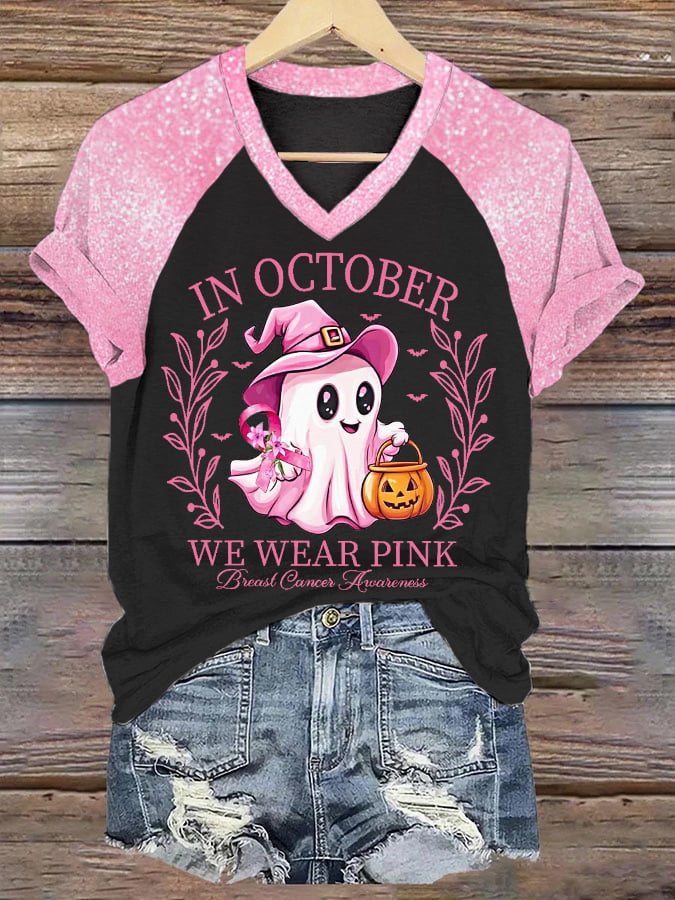Women's In October We Wear Pink Halloween Ghost Breast Cancer Awareness Warrior Glitter Print V-Neck Tee