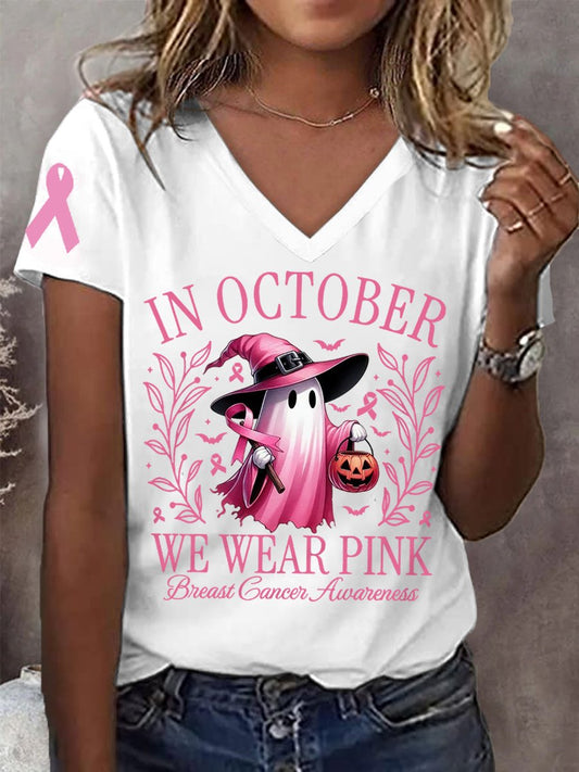 Women's In October We Wear Pink Halloween Ghost Breast Cancer Awareness Warrior V-Neck Tee