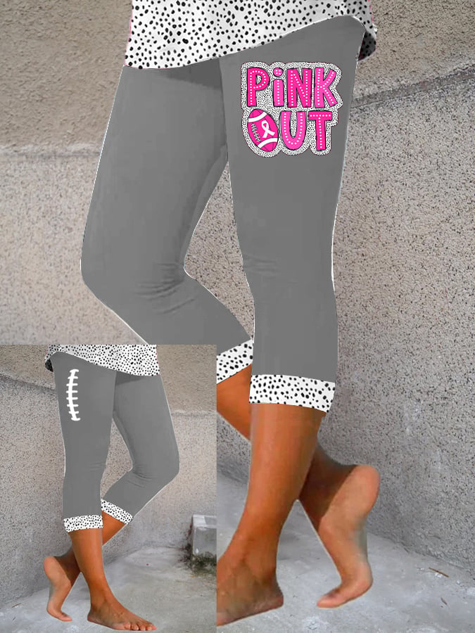 Women's Pink Out Football Breast Cancer Printed Cropped Yoga Leggings