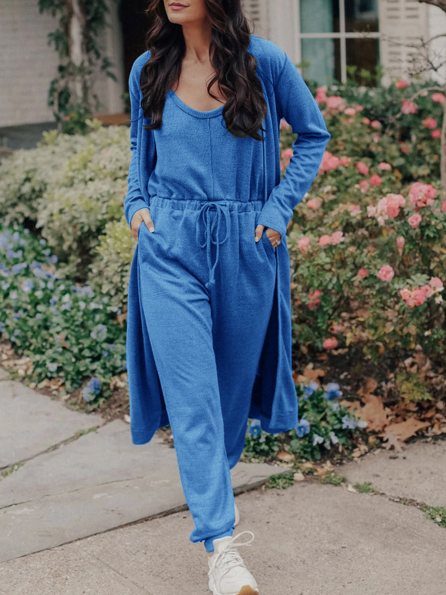 Women Casual Pure Color U Neck Three Piece Suit