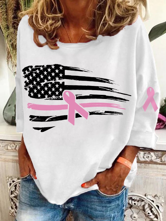 Women's Pink Ribbon Breast Cancer Awareness Warrior American Flag Print Top