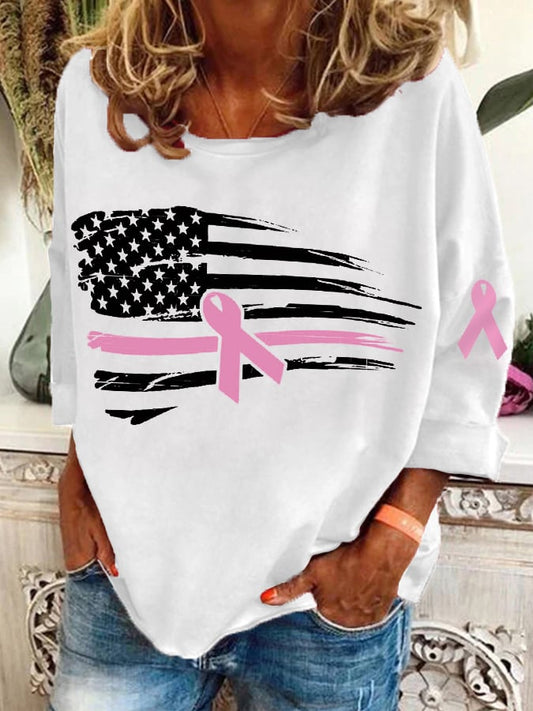 Women's Pink Ribbon Breast Cancer Awareness Warrior American Flag Print Top