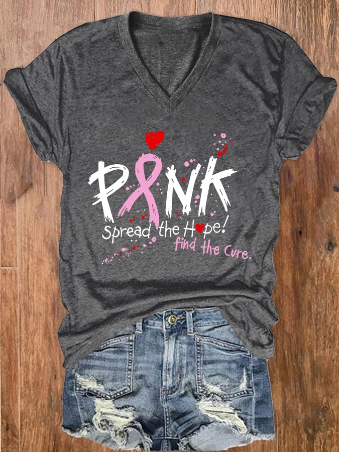 Women's Pink Spread The Hope Find The Cure Print V-Neck T-Shirt