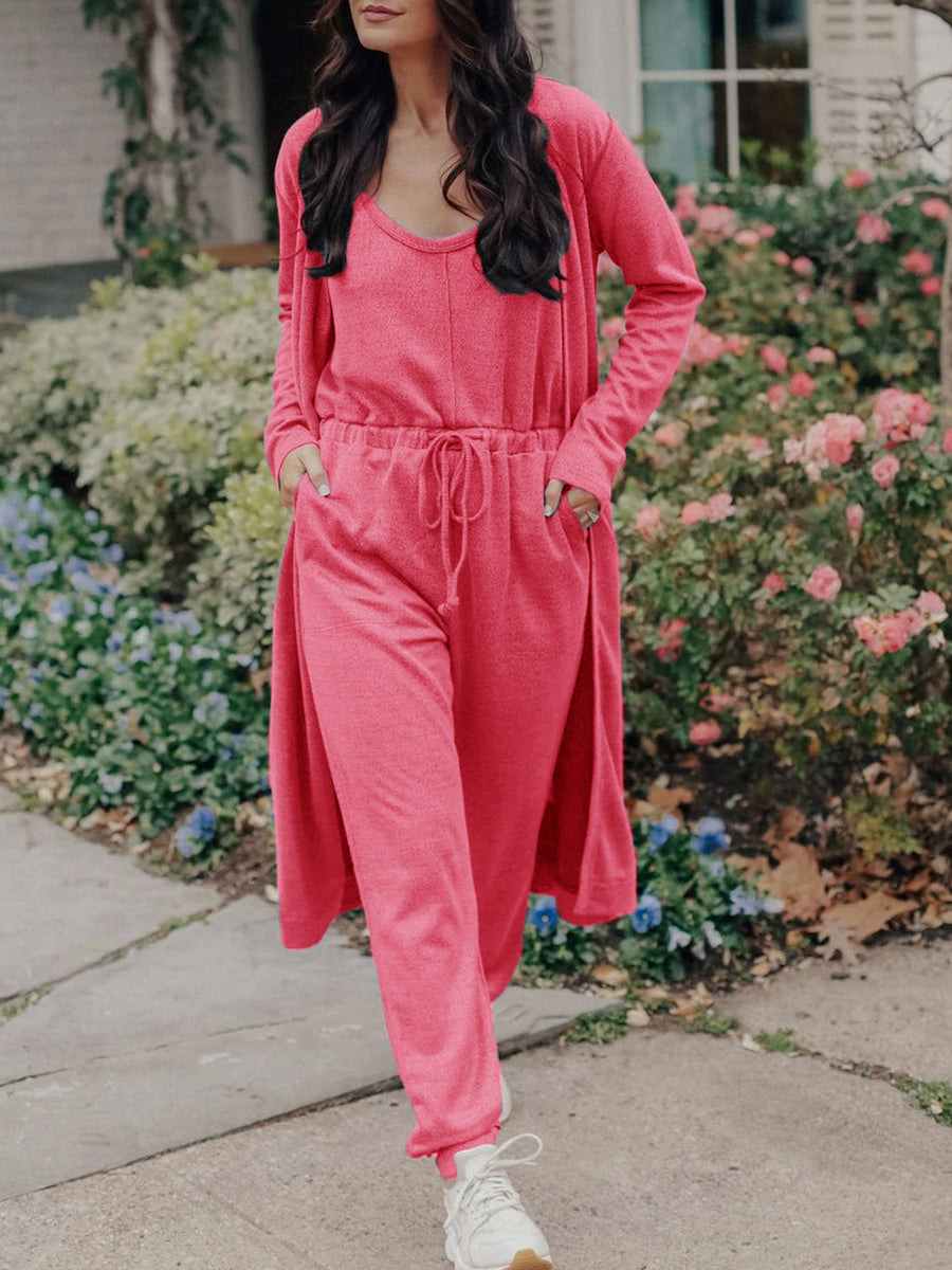 Women Casual Pure Color U Neck Three Piece Suit