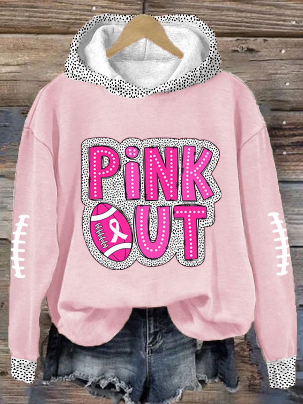 Women's Pink Out Football Breast Cancer Print Hooded Sweatshirt