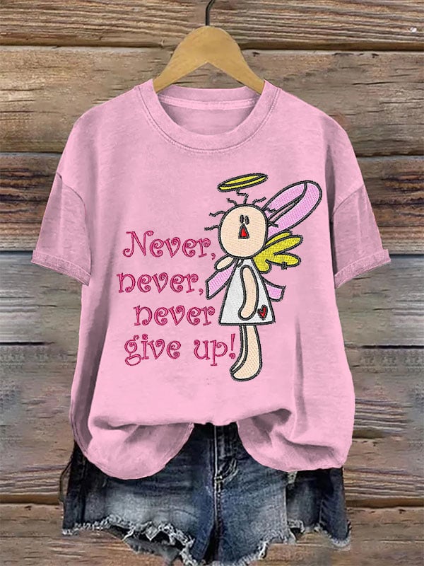 Women's Breast Cancer Awareness Pink Angel Never Never Give Up Print T-Shirt