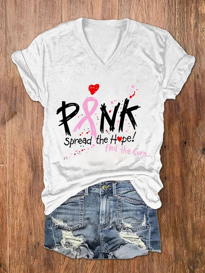 Women's Pink Spread The Hope Find The Cure Print V-Neck T-Shirt
