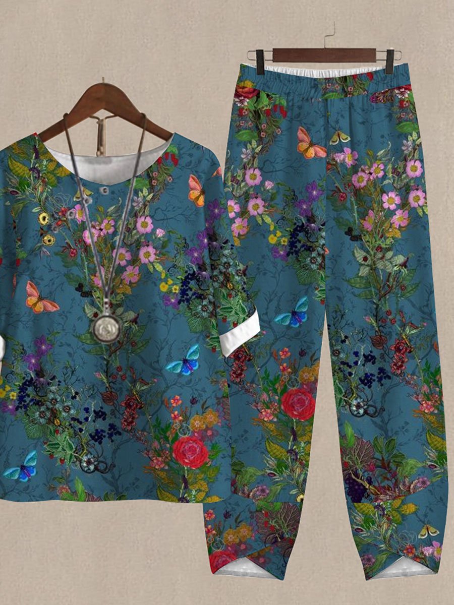 Butterfly Floral Print Top And Pants Two-piece Suits