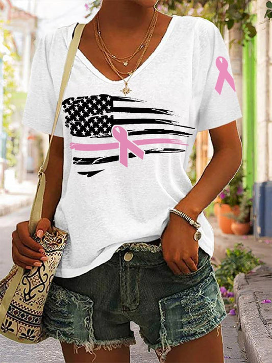 Women's Pink Ribbon American Flag Breast Cancer Awareness Warrior V-Neck Tee