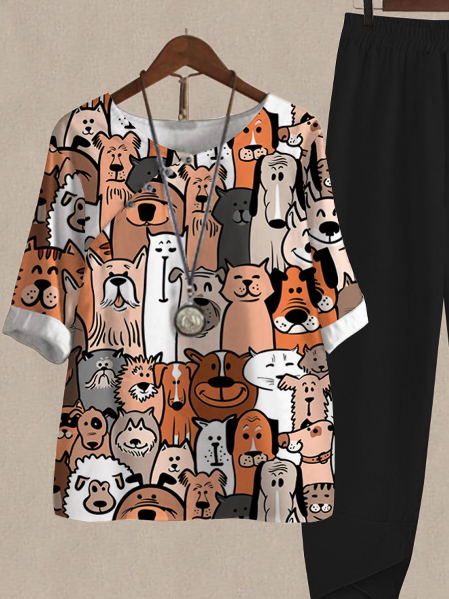 Cartoon Multicolor Cute Puppy Print Casual Two Piece Suits