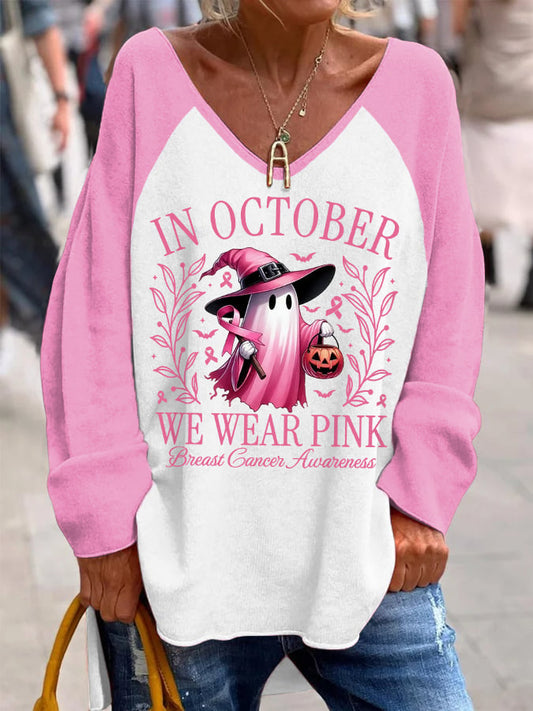 Women's In October We Wear Pink Halloween Ghost Breast Cancer Awareness Warrior V-Neck Top