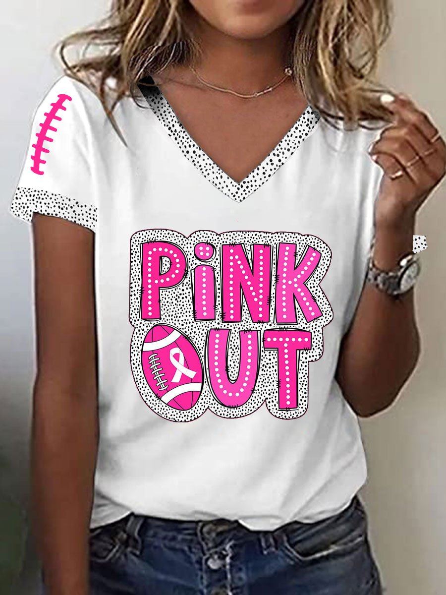 Women's Pink Out Football Breast Cancer Print T-Shirt