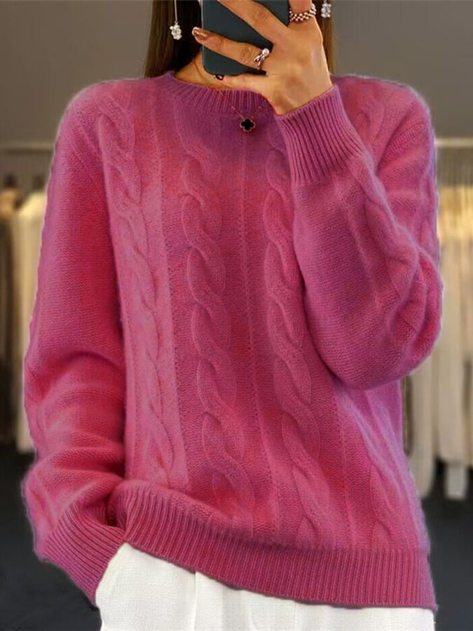 Women's Round Neck Solid Color Retro Twist Pullover Sweater