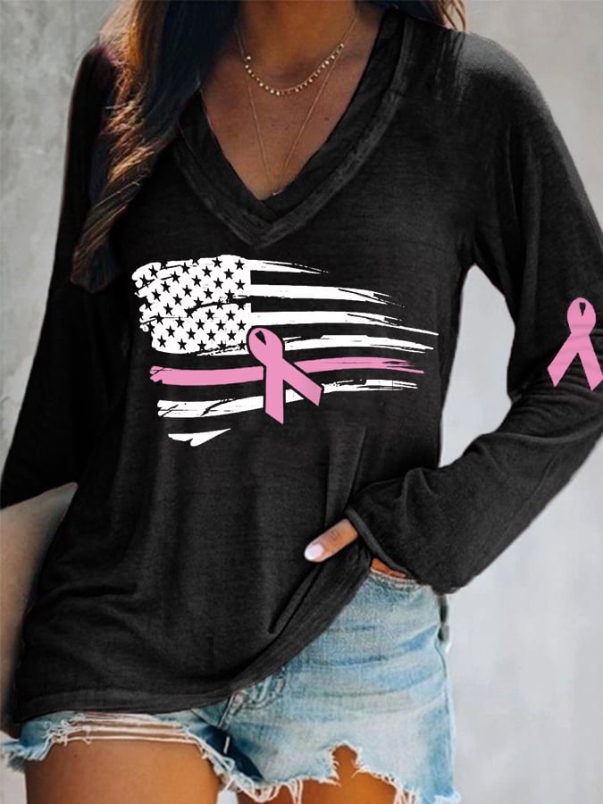 Women's Pink Ribbon Breast Cancer Awareness American Flag Long-Sleeve Top