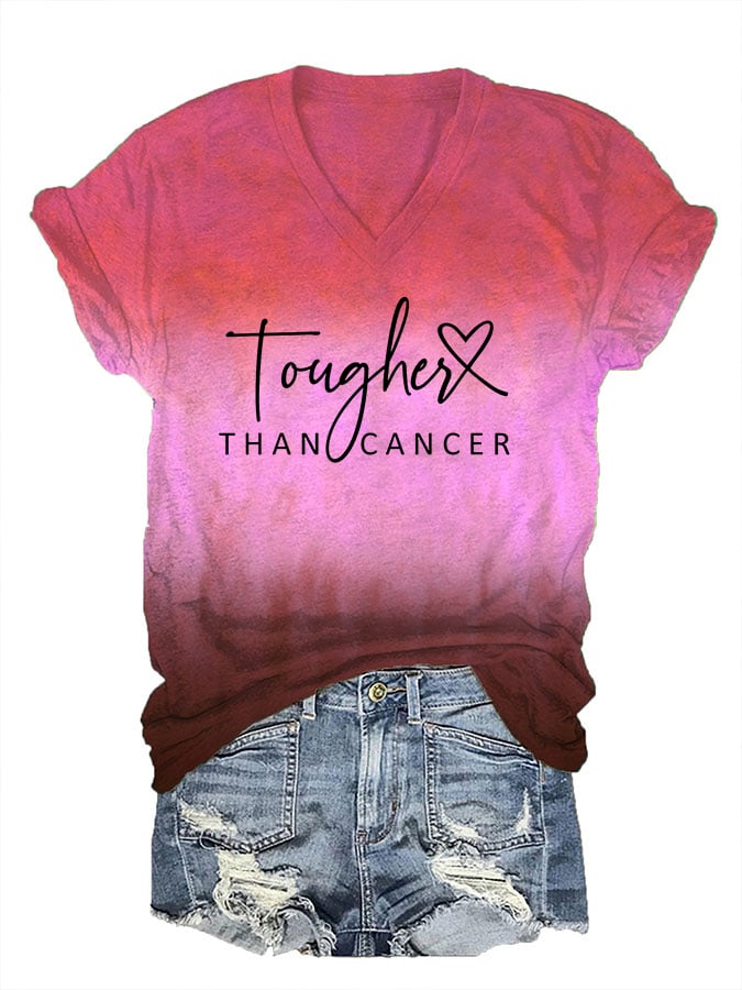 Women's Tougher Than Cancer Print V-Neck T-Shirt