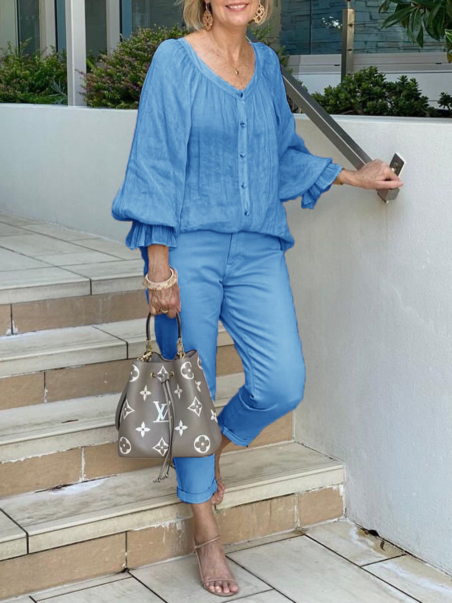 Special Collar Ruffled Sleeves Buttoned Shirt Casual Two-piece Suits