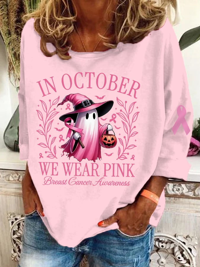 Women's In October We Wear Pink Halloween Ghost Breast Cancer Awareness Warrior Top
