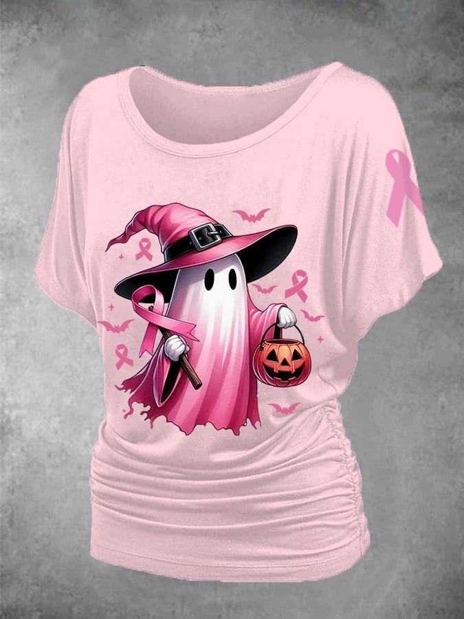 Women's Pink Halloween Ghost Breast Cancer Awareness Warrior Dolman Sleeve Smocked Top