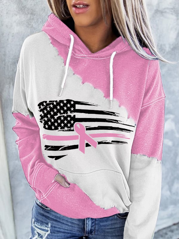 Women's Pink Ribbon American Flag Breast Cancer Awareness Warrior Casual Hoodie