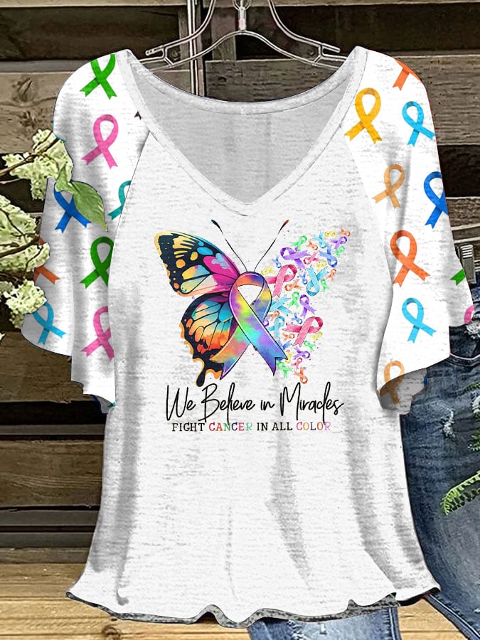 Women's Fight Cancer In All Colors Ruffle Sleeve T-Shirt